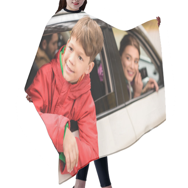 Personality  Smiling Boy Looking Through Car Window Hair Cutting Cape