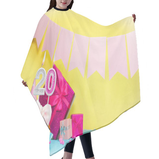 Personality  Date Of Birth With Cake And Number  20. Colorful Card Happy Birthday For A Girl. Copy Space. Anniversary Card Pink. Congratulations On The Decorations Are Beautiful. Hair Cutting Cape