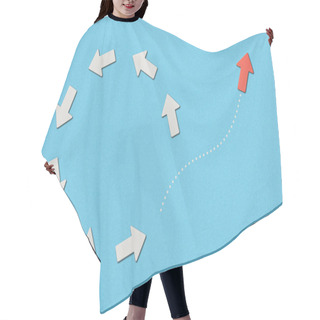 Personality  Top View Of Red Pointer And White Arrows In Circle On Blue Marked Background Hair Cutting Cape