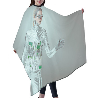 Personality  Silver Woman Robot Gesturing With Hand And Looking Away On Grey, Future Technology Concept  Hair Cutting Cape