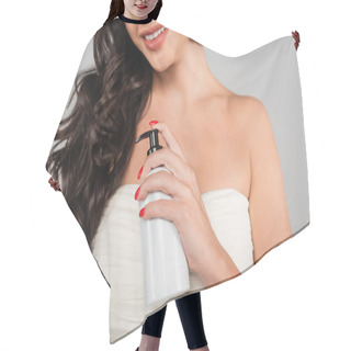 Personality  Partial View Of Brunette Woman With Healthy Hair Holding Bottle Of Cosmetic Product Isolated On Grey Hair Cutting Cape