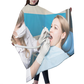 Personality  The Reception Was At The Female Dentist. Doctor Examines The Oral Cavity On Tooth Decay. Caries Protection. Doctor Puts The Patient An Anesthetic Injection. Hair Cutting Cape