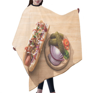Personality  Delicious Hot Dog With Red Onion, Bacon And Dijon Mustard Near Board With Vegetables On Wooden Table Hair Cutting Cape