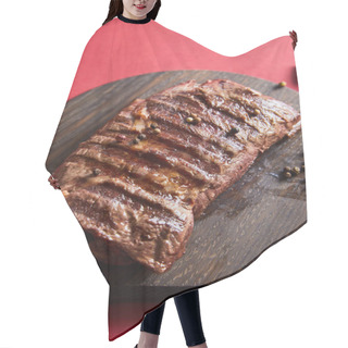 Personality  Tasty Grilled Steak Served On Wooden Boards On Red Background With Pepper Hair Cutting Cape