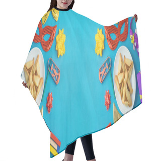 Personality  Jewish Holiday Purim Background With Carnival Mask, Noisemaker And Hamantaschen Cookies. Banner Design. Top View From Above. Flat Lay Hair Cutting Cape