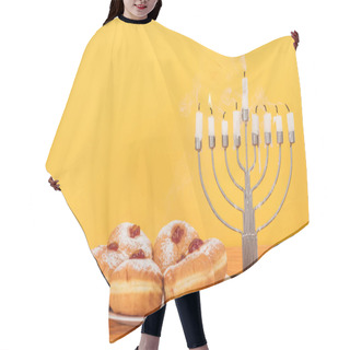 Personality  Close Up View Of Sweet Doughnuts And Menorah With Candles On Wooden Surface Isolated On Yellow, Hannukah Concept Hair Cutting Cape