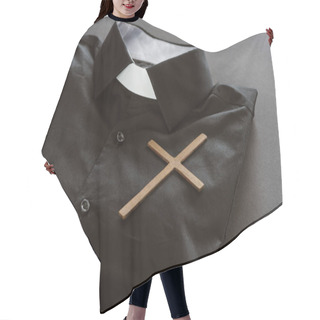 Personality  Close-up Shot Of Clerical Shirt With Cross On Grey Surface Hair Cutting Cape