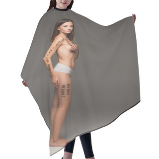 Personality  Full Length View Of Woman In Panties, With Slogans Written On Body Isolated On Dark Grey Hair Cutting Cape