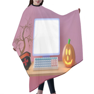 Personality  3d Laptop Computer On Table With Blank Screen, Coffin, Candle Light In Pumpkin, Tree Isolated On Pink Background. Happy Halloween Concept, 3d Render Illustration Hair Cutting Cape