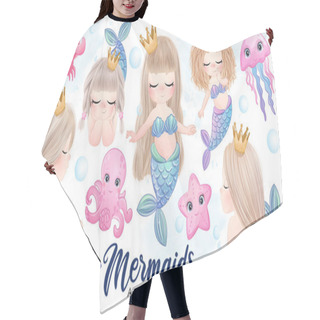 Personality  Cute Doodle Mermaid And Friends With Watercolor Illustration Set Hair Cutting Cape