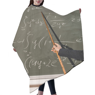 Personality  Cropped View Of Female Teacher With Wooden Pointer Explaining Mathematical Equations In Classroom Hair Cutting Cape
