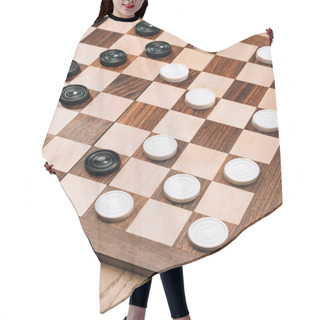 Personality  High Angle View Of Checkers On Checkerboard On Wooden Table Hair Cutting Cape