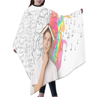 Personality  Boy Thinking Holding Book On Head Over White Background, Collage Hair Cutting Cape