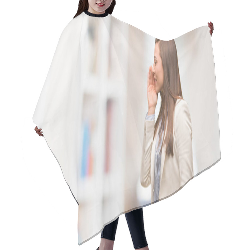 Personality  Caucasian Business Young Woman Whispering Gossip Undertone Hair Cutting Cape