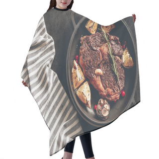 Personality  Top View Of Cooked Steak With Lemons And Berries On Frying Pan, Tablecloth On Surface In Kitchen Hair Cutting Cape