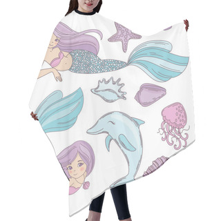 Personality  MERMAID OCEAN Cartoon Travel Tropical Vector Illustration Set For Print, Fabric And Decoration. Hair Cutting Cape