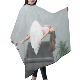Personality  Beautiful Young Barefoot Woman Levitating Above Couch  Hair Cutting Cape