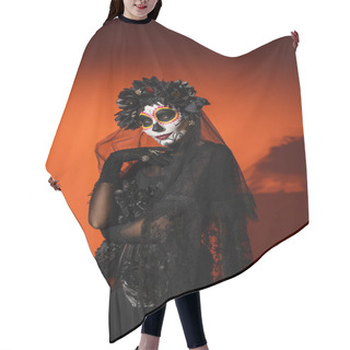 Personality  Woman In Creepy Mexican Day Of Death Costume And Makeup Looking At Camera On Red Background  Hair Cutting Cape