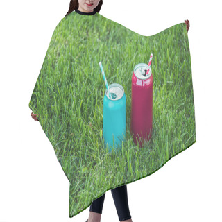 Personality  Close Up View Of Drinks In Cans With Straws On Green Grass Hair Cutting Cape