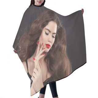 Personality  Manicure. Red Lips Makeup. Beautiful Brunette Girl With Long Blo Hair Cutting Cape