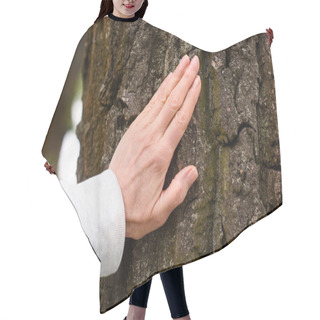 Personality  Cropped View Of Elderly Woman Touching Tree Bark Hair Cutting Cape
