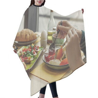 Personality  Cropped Shot Of Person Eating Healthy Tasty Breakfast  Hair Cutting Cape
