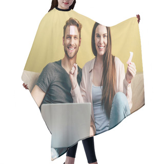 Personality  Cheerful Couple With Sticky Notes On Foreheads Playing Online Game Near Laptop At Home  Hair Cutting Cape