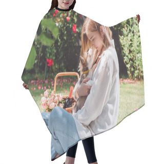 Personality  Attractive Blonde Girl Sitting On White Blanket In Garden With Cute Welsh Corgi Puppy Hair Cutting Cape