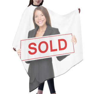 Personality  Realtor Or Real Estate Agent Woman Sold Sign On White Background Hair Cutting Cape