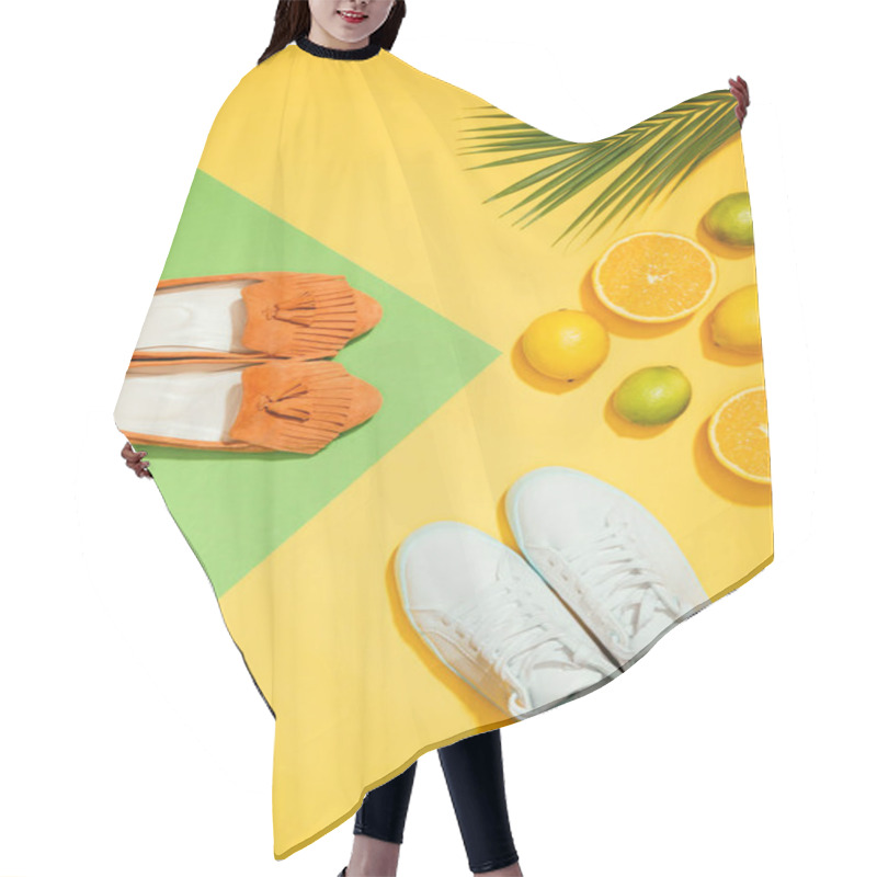 Personality  Top View Of Palm Leaf, Stylish Female Slippers Shoes And Sneakers, Lemons, Limes And Slices Of Orange Hair Cutting Cape