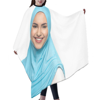 Personality  Muslim Woman In Hijab Smiling At Camera Isolated On White  Hair Cutting Cape