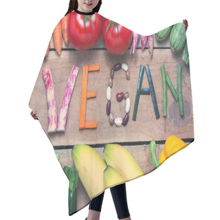 Personality  Vegan Word On Wood Background And Vegetable Hair Cutting Cape