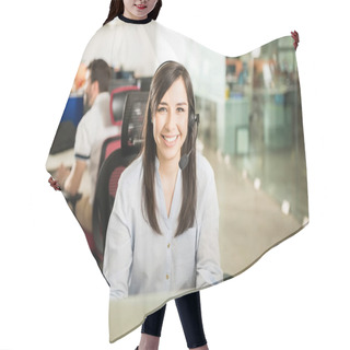 Personality  Portrait Of Good Looking Young Hispanic Woman Wearing Headset Sitting At Desk In Office Hair Cutting Cape