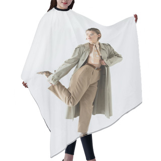 Personality  Full Length Of Trendy Woman In Glasses, Trench Coat And Scarf Posing On White Hair Cutting Cape
