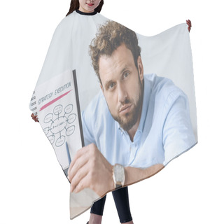 Personality  Businessman Pointing At Notebook Hair Cutting Cape