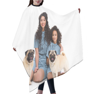 Personality  Happy Young Mother And Daughter Sitting On Floor With Two Pugs Isolated On White Hair Cutting Cape