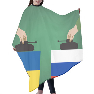 Personality  Russian Versus Ukraine Military Standoff Over Each Country's Flags. Editable Clip Art. Hair Cutting Cape