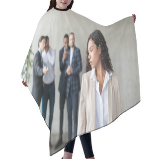 Personality  Group Of Businessmen Whispering Behind Back Of Businesswoman In Office Hair Cutting Cape