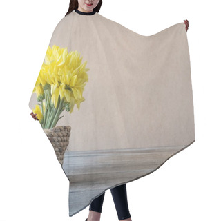 Personality  Yellow Flower In Vase Made From Bamboo On Wooden Table, Hair Cutting Cape