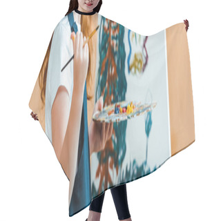 Personality  Panoramic Shot Of Kid Painting On Canvas In Art School  Hair Cutting Cape