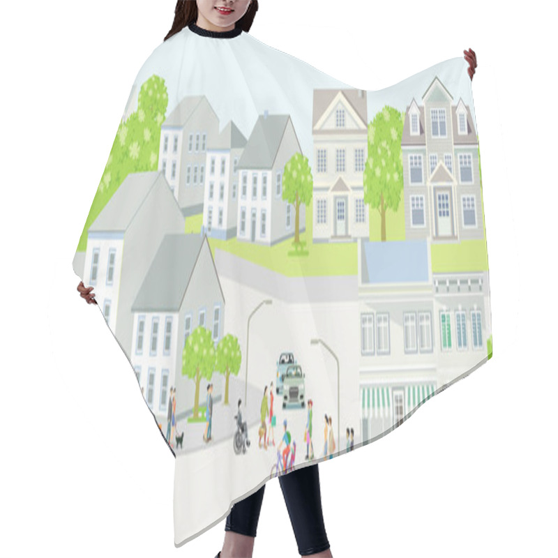 Personality  City Silhouette Of A Small Town With People And Road Traffic, Illustration Hair Cutting Cape