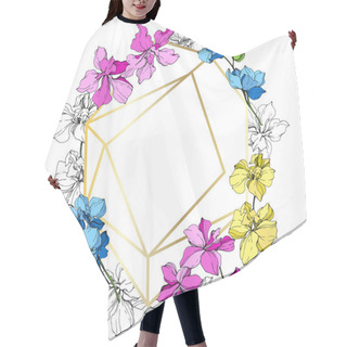 Personality  Pink, Blue And Yellow Orchid Flowers. Engraved Ink Art. Frame Golden Crystal. Geometric Crystal Stone Polyhedron Mosaic Shape. Hair Cutting Cape