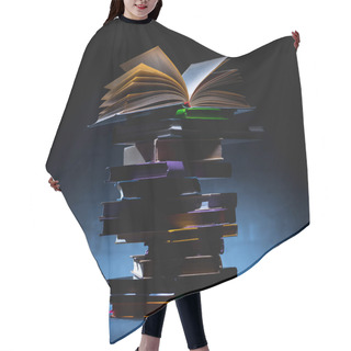 Personality  Stack Of Colored Books With Open Book On Top On Dark Surface Hair Cutting Cape
