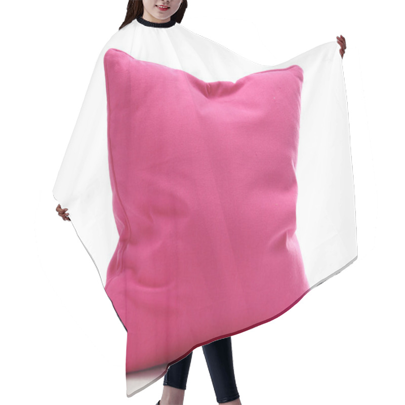 Personality  Bright pink pillow isolated on white hair cutting cape