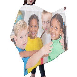 Personality  Group Of Happy Preschool Kids Hair Cutting Cape