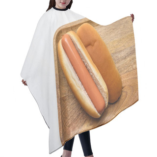 Personality  Top View Of Hot Dog On Wooden Board On White Marble Surface Hair Cutting Cape