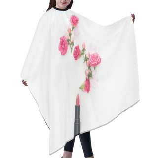 Personality  Top View Of Composition With Roses Buds, Berries, Petals And Pink Lipstick On White Background Hair Cutting Cape