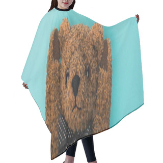 Personality  Top View Of Brown Teddy Bear On Blue Background, Panoramic Shot Hair Cutting Cape