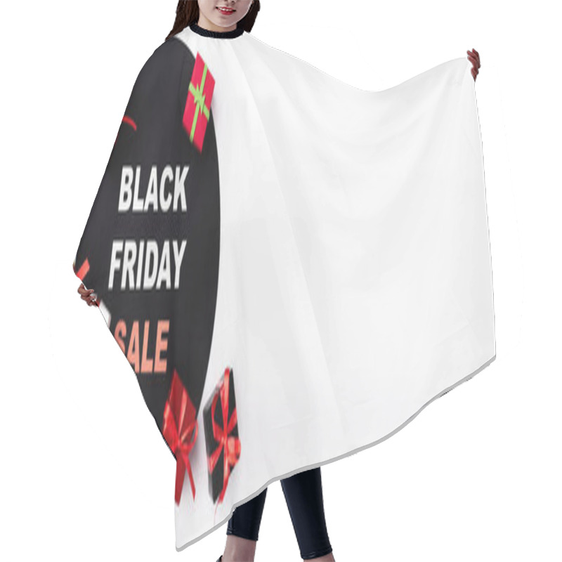 Personality  Panoramic shot of black circle with black friday sale lettering and toy gift boxes on white background hair cutting cape