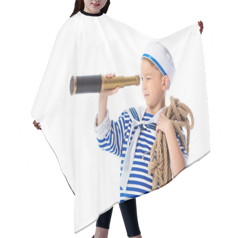 Personality  Focused Preschooler Child In Sailor Costume Looking In Spyglass And Holding Rope Isolated On White Hair Cutting Cape